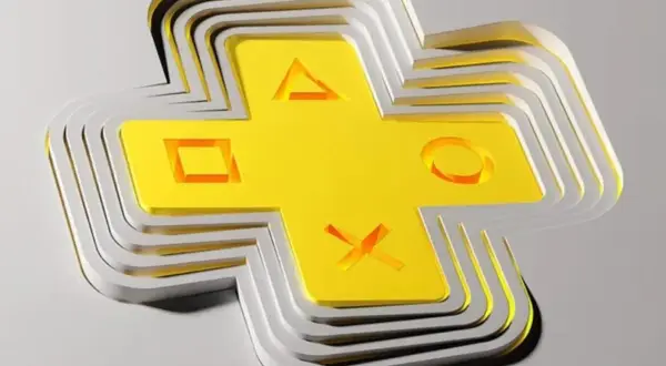 Złoty symbol PlayStation Plus z przyciskami, warstwowo ułożony, zapowiada gry na marzec.