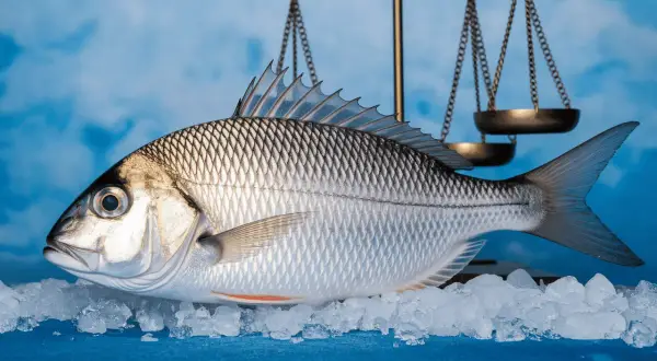 Une dorade au four, fraîchement pêchée, posée sur de la glace pilée, sous une balance dorée.