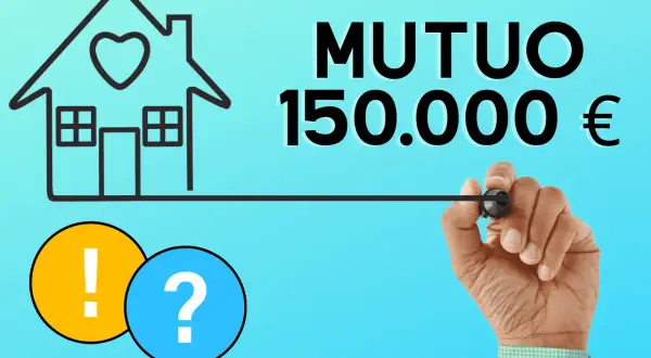Casa con cuore, testo "MUTUO 150.000 €", punto interrogativo e esclamativo.
