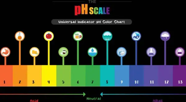 Die pH-Wert-Skala zeigt mit Farben und Symbolen von sauer (rot) über neutral (grün) bis alkalisch (lila) die Säuregrade verschiedener Substanzen.