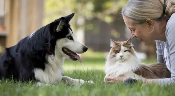 Una mujer interactúa con un perro husky y un gato en el césped. Ella parece una etóloga estudiando su comportamiento.