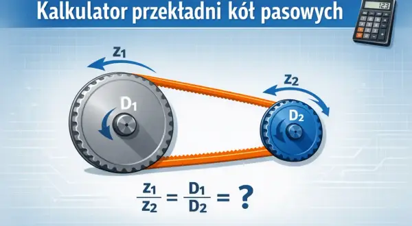 Ilustracja pokazuje przekładnię pasową z kołami o średnicach D1 i D2 oraz liczbie zębów Z1 i Z2. Obok znajduje się kalkulator, sugerujący obliczenia przełożenia.