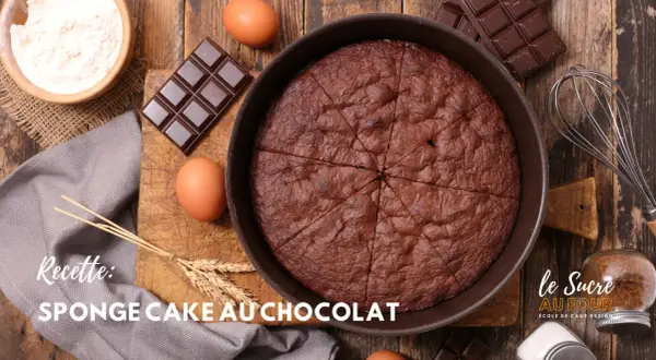 Un délicieux cake au chocolat, prêt à être dégusté, entouré d'ingrédients comme des œufs, du chocolat et de la farine.