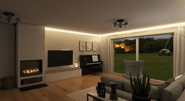 Gemütliches Wohnzimmer gestalten mit Kamin, Klavier und Blick ins Grüne. Moderne Beleuchtung schafft Atmosphäre.