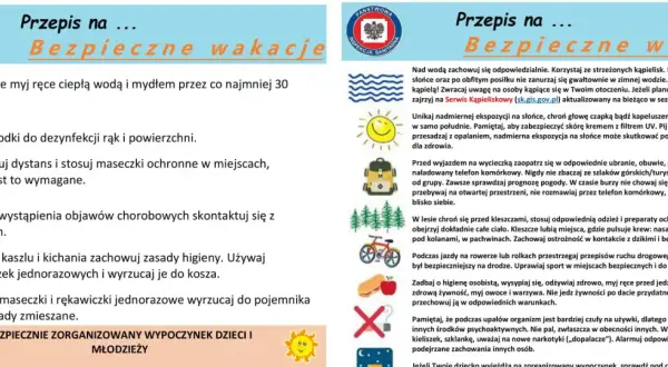 Przepis na bezpieczne wakacje: myj ręce, dezynfekuj, zachowaj dystans, unikaj słońca, dbaj o higienę.