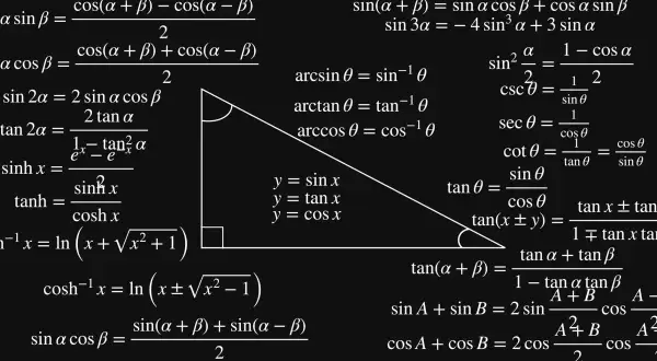 Matematyczne wzory trygonometryczne i hiperboliczne na czarnym tle, z zaznaczonym trójkątem prostokątnym.