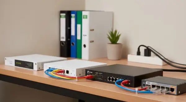 Kilka urządzeń sieciowych, w tym routery i switch, podłączone kablami Ethernet.