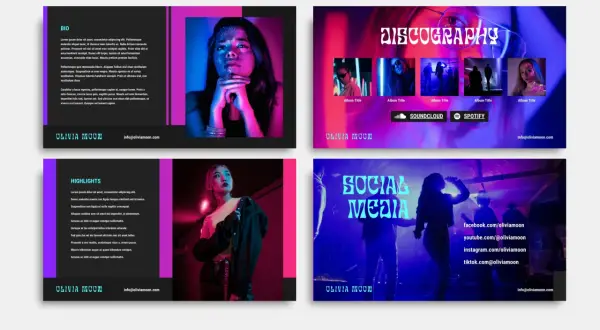 Electronic press kit for musicians, featuring discography, highlights, and social media links for Olivia Moon.