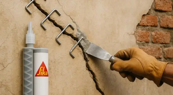 Réparation d'une fissure avec une résine époxy. Un artisan utilise une spatule pour appliquer le produit sur le sol d'un salon.