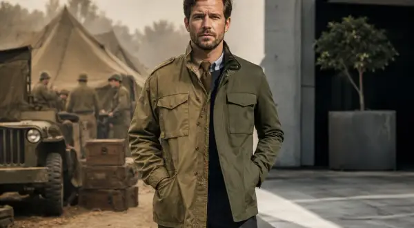 Un uomo indossa una field jacket, un capo versatile che unisce stile militare e moderno. Sullo sfondo, un campo militare con tende e jeep.
