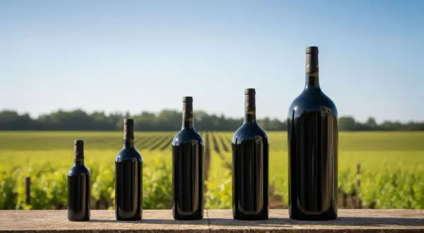 Cinq bouteilles de vin rouge de tailles variées, de la plus petite à une imposante bouteille de 9 litres, alignées devant un vignoble verdoyant.