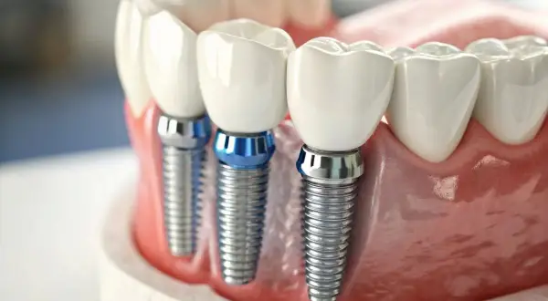 Tres implantes dentarios de titanio con coronas blancas, anclados en encías rosadas, listos para devolver una sonrisa.