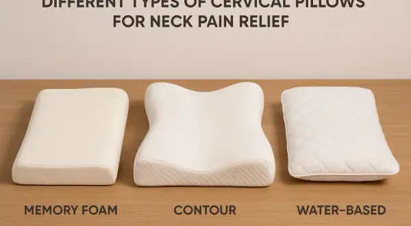 Three types of almohada para cervical for neck pain relief: memory foam, contour, and water-based.