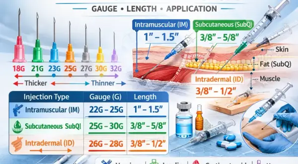 Comparaison des tailles d'aiguilles : une aiguille 18 gauge est plus épaisse que les autres. L'image montre différentes aiguilles et leurs usages.