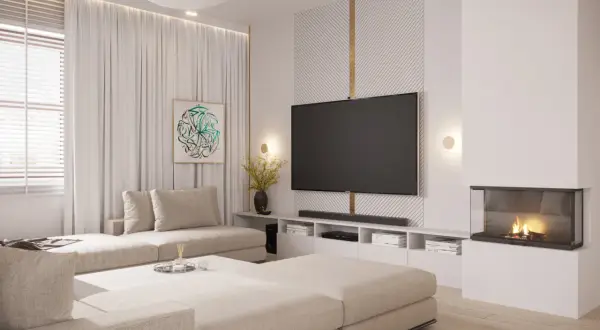 Nowoczesna ściana z TV, kominkiem i wygodną kanapą. Idealne miejsce na relaks.