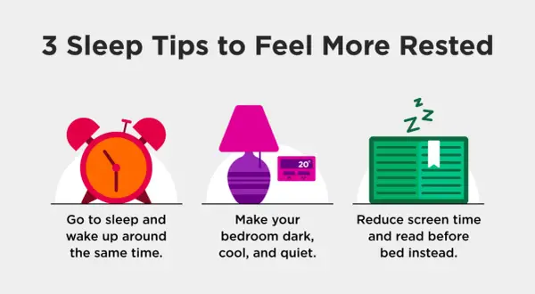 3 sleep tips for feeling more awake: consistent sleep schedule, dark/cool/quiet room, and reading instead of screens.