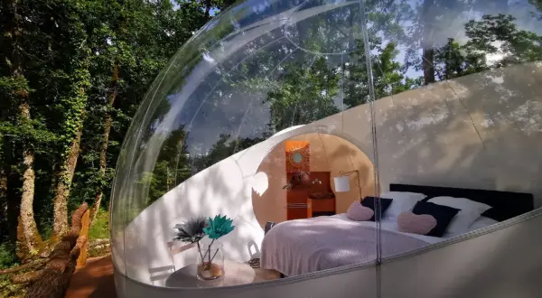Une bulle transparente au cœur de la nature pour dormir dans une bulle Occitanie. Lit douillet, table et fleurs pour un séjour unique.