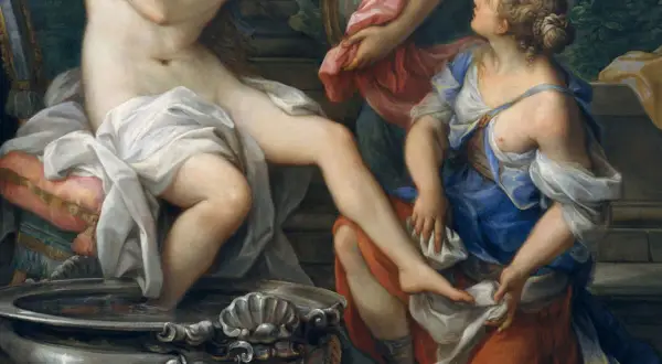 Erotic Renaissance art: A woman bathes, attended by another, in a scene of opulent sensuality.
