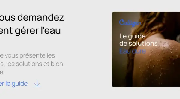 Le guide Culligan sur l'eau dure présente des solutions pour gérer l'eau calcaireuse. La peau mouillée illustre le problème.