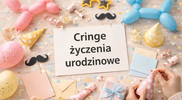 Urodzinowe dekoracje, balony i konfetti. Na kartce napis: "Cringe życzenia urodzinowe". Idealne na śmieszne wierszyki dla dorosłych.