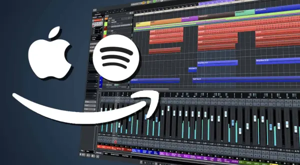 Apple, Spotify, Amazon Logos über einer Musikproduktionssoftware. Mastering Plugin für digitale Musik.