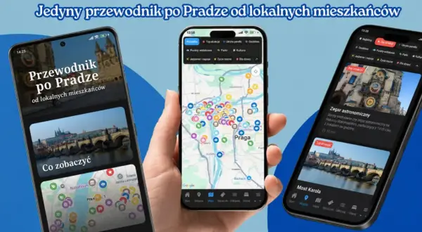 Aplikacja "Przewodnik po Pradze od lokalnych mieszkańców" pokazuje mapę z atrakcjami i zdjęcia. Cześć po czesku!