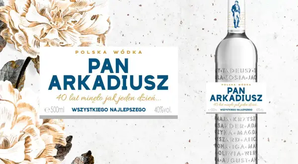 Elegancka butelka polskiej wódki "Pan Arkadiusz" z dedykacją na 40. urodziny. Idealny prezent dla każdego Pana Arkadiusza.