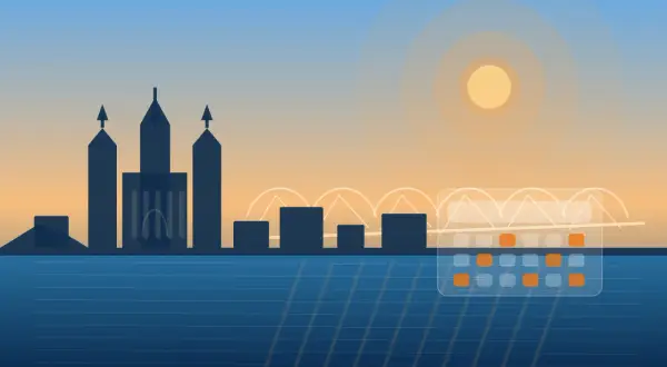 Silhouetten einer Stadt am Wasser, mit einem Kalender, der den Reformationstag als Feiertag in NRW markiert.