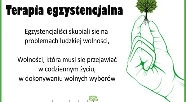 Terapia egzystencjalna: wolność przejawia się w codziennych wyborach. Dłoń trzyma drzewko symbolizujące życie i rozwój.