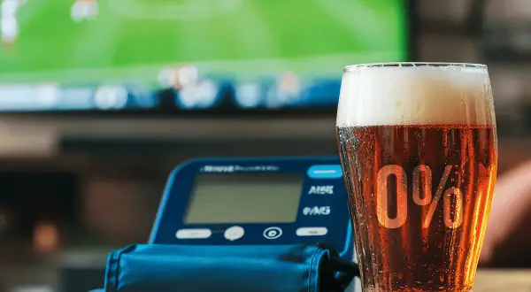 Szklanka piwa 0% i ciśnieniomierz na tle ekranu telewizora.