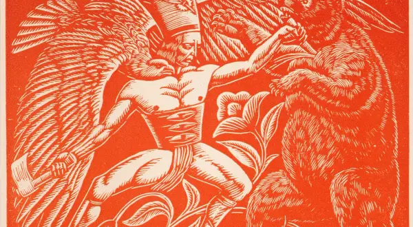 Polska grafika artystyczna: skrzydlaty wojownik walczy z niedźwiedziem w otoczeniu kwiatów.