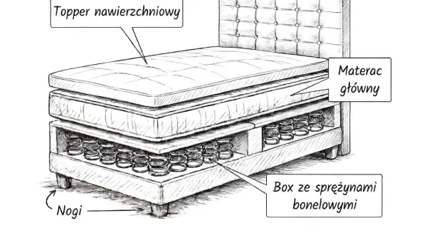 Rozkład łóżka: topper nawierzchniowy, materac główny, box ze sprężynami bonelowymi i nogi.