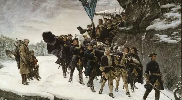 Svenska soldater bär en död kung genom snö. En påminnelse om sverige danmark krig och dess kostnader.