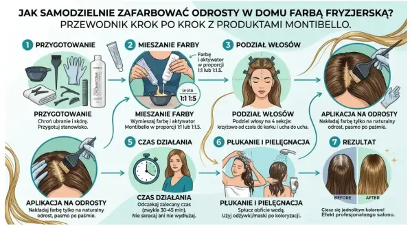 Ilustracja przedstawia 7 kroków farbowania odrostów w domu, od przygotowania po rezultat.