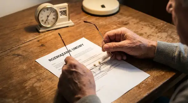 Starszy mężczyzna z okularami w dłoniach czyta dokument "Rozwiązanie umowy". Czy można zwolnić emeryta? Zegar pokazuje 30. dzień miesiąca.