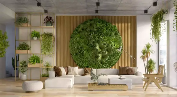Un salon moderne avec un mur végétal circulaire, des étagères remplies de plantes et un canapé blanc. Ce design biophilique invite la nature à l'intérieur.