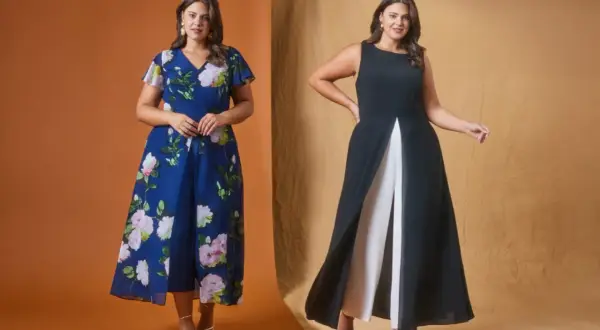 Dwie kobiety plus size w eleganckich kombinezonach: jeden w kwiaty, drugi czarny z białymi spodniami.