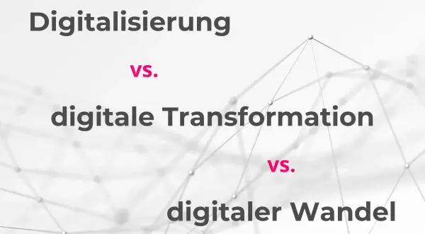 Digitalisierung vs. digitale Transformation und digitaler Wandel. Abstrakte Netzwerkgrafik im Hintergrund.