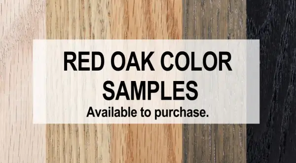 Muestras de color de roble rojo, incluyendo tonos naturales y teñidos. La madera roja natural es visible en varios tonos.
