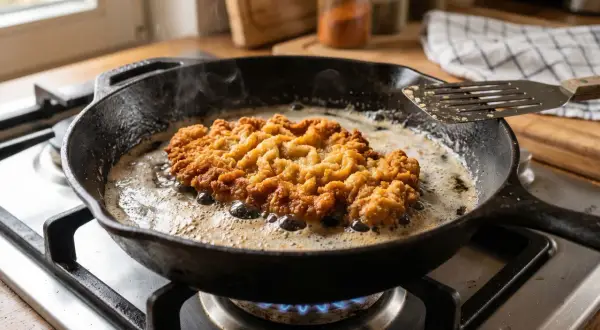 Ein goldbraunes Schnitzel braten in einer Gusspfanne auf dem Herd. Dampf steigt auf, während das Fleisch in heißem Fett zischt.