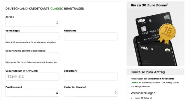 Antragsformular für die Deutschland-Kreditkarte Classic. Hier können Sie Ihre Daten eingeben, um mit Kreditkarte zu bezahlen.