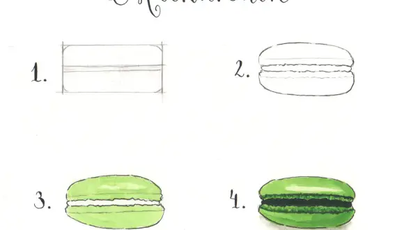 Ilustracja przedstawia 4 etapy rysowania makaronika: szkic, kontur, kolorowanie i gotowy makaronik.