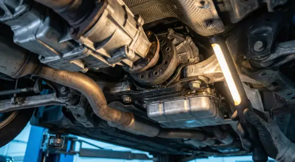 Mechanik bada podwozie auta, szukając przyczyn drgań automatycznej skrzyni biegów na D.
