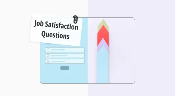 Diseño de cuestionarios de satisfacción laboral con opciones de respuesta y flechas de progreso de colores.
