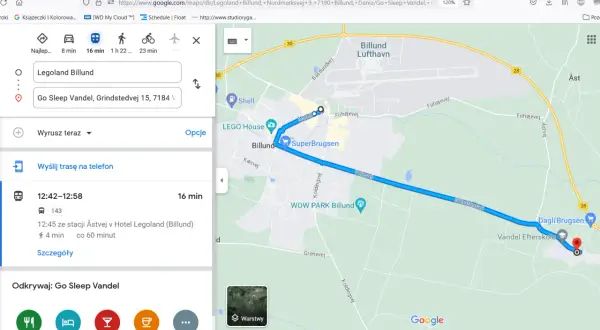 Trasa z Legoland Billund do Go Sleep Vandel w Danii. Podróż autobusem 143 zajmie 16 minut.
