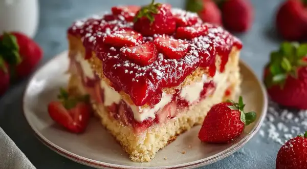 Ein saftiges Stück Erdbeerkuchen mit frischen Erdbeeren und Sahne. Dieses Erdbeerkuchen Rezept ist ein Genuss!