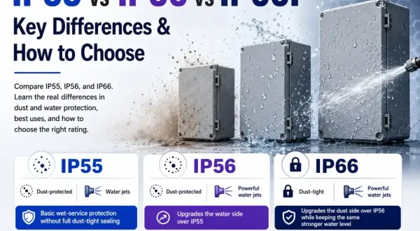 Comparaison des indices de protection IP55, IP56 et IP66. Le signification IP55 indique une protection contre la poussière et les jets d'eau.