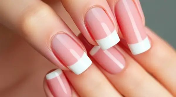 Dłonie z idealnym french manicure. Paznokcie są zadbane, z różową bazą i białymi końcówkami, co nadaje im klasyczny wygląd.