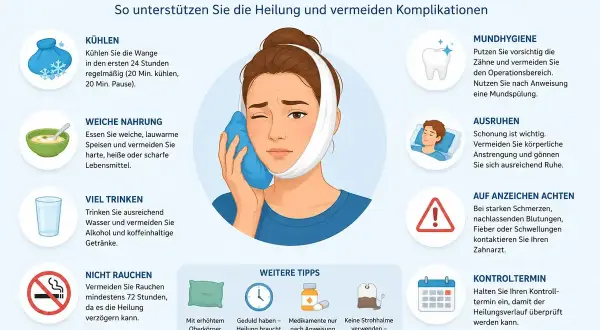 Tipps zur regenerationszeit nach op: Frau kühlt Wange, isst weich, trinkt viel, ruht sich aus. Wichtig: Mundhygiene, keine Anstrengung, auf Warnzeichen achten.