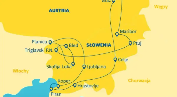 Mapa Słowenii z zaznaczonymi trasami. Pokażę najkrótsza droga do Chorwacji przez Austrię i Słowenię, z miastami jak Bled, Ljubljana, Piran.